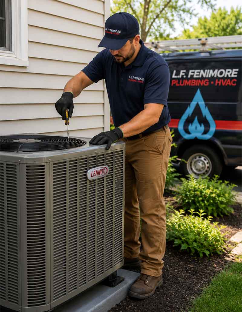 HVAC technician performing residential HVAC changeout and air conditioning installation at South Jersey home