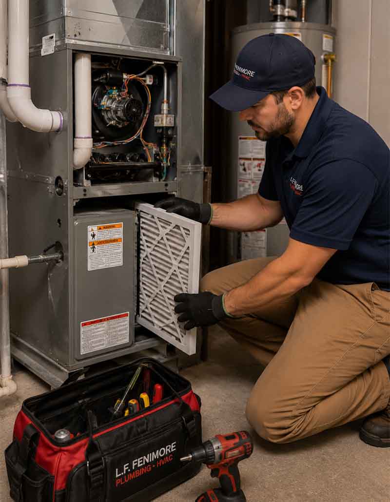 HVAC technician replacing furnace air filter during residential HVAC maintenance service in South Jersey basement