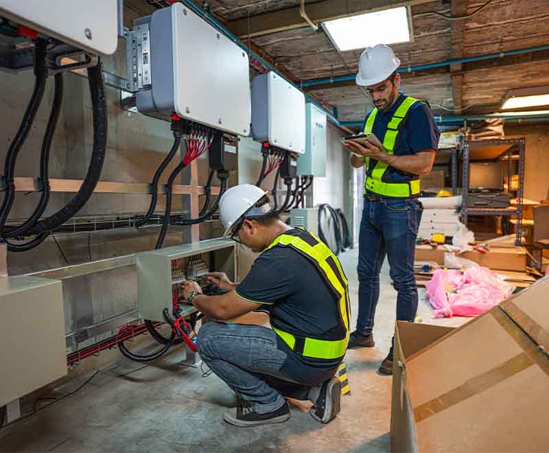 South Jersey HVAC technicians from L.F. Fenimore Plumbing and HVAC performing electrical system inspection and maintenance.