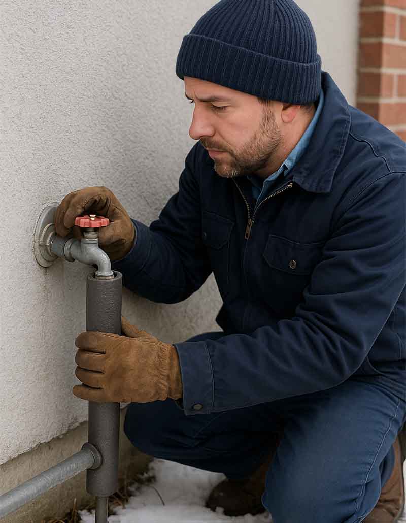 Professional plumber from L.F. Fenimore Plumbing and HVAC insulating outdoor water pipes to prevent freezing during winter in South Jersey