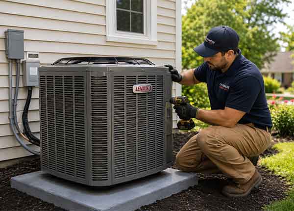 HVAC technician installing new outdoor air conditioning condenser unit at South Jersey residential home
