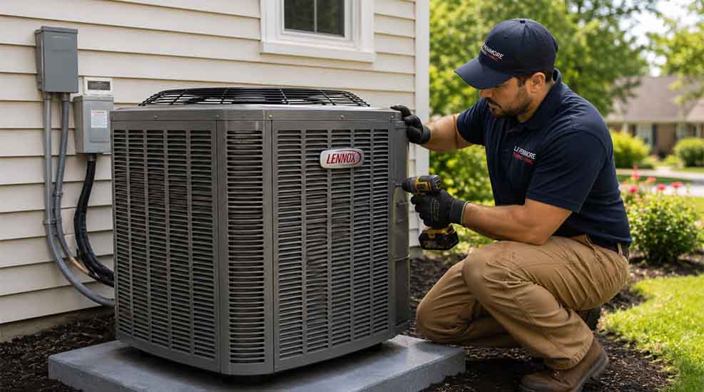 HVAC technician installing new outdoor air conditioning condenser unit at South Jersey residential home