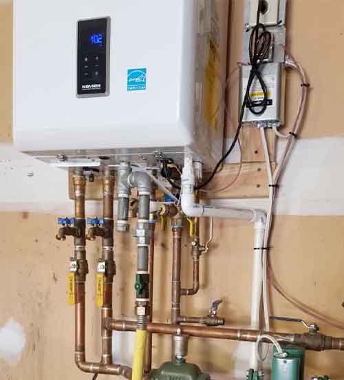 NCB Combi-boiler Navien tankless water heater installation with copper piping by L.F. Fenimore Plumbing & HVAC in South Jersey.